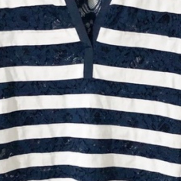 BCBG MaxAzria Lace and Fabric Stripe Shift Dress Three Quarter Sleeve Navy White - Picture 7 of 8